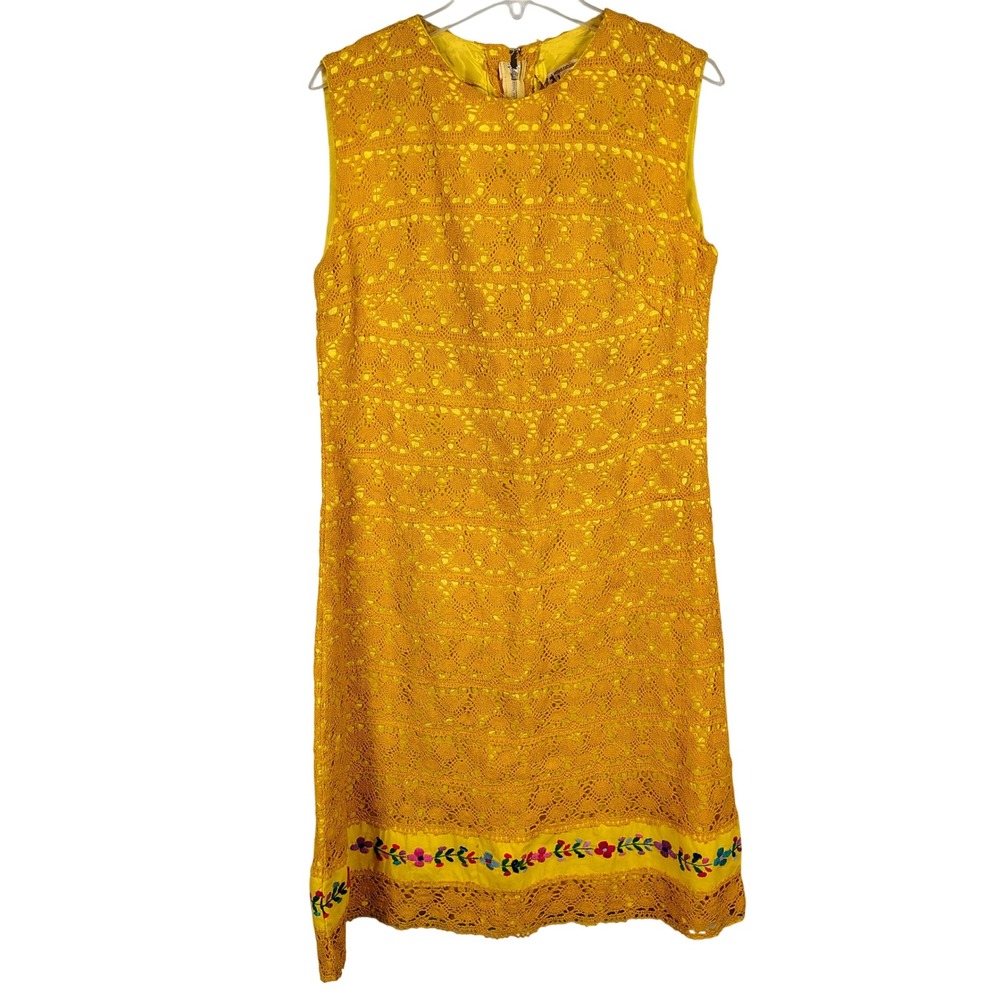 Womens SZ 38 Alaniz Vintage 60s Crochet Lace Shift Dress Yellow Cotton Mod‎ Boho
